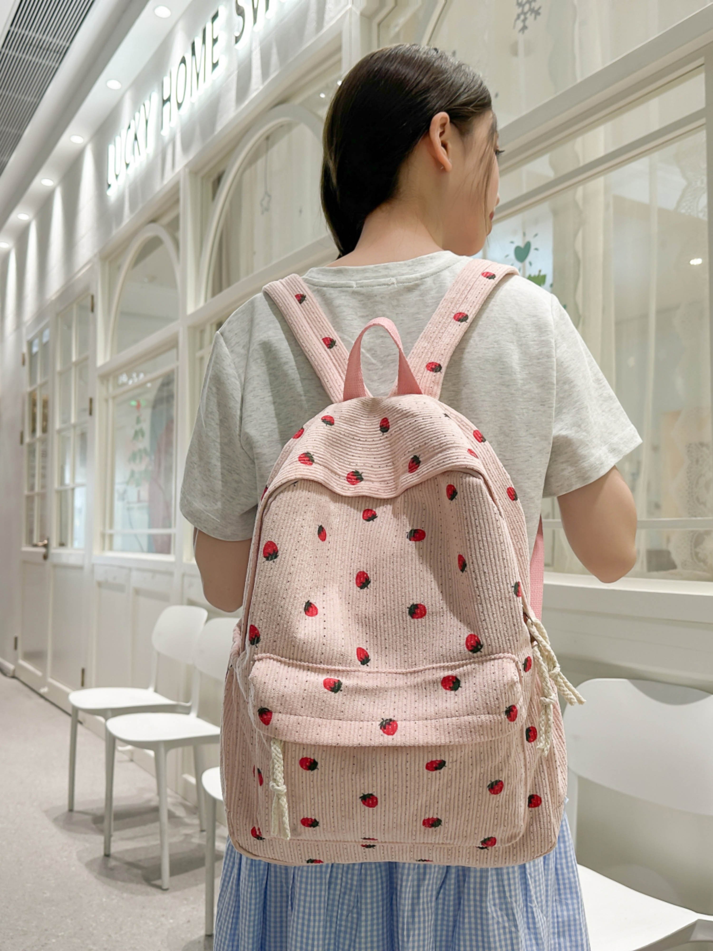 Light Pink Corduroy Strawberry Backpack