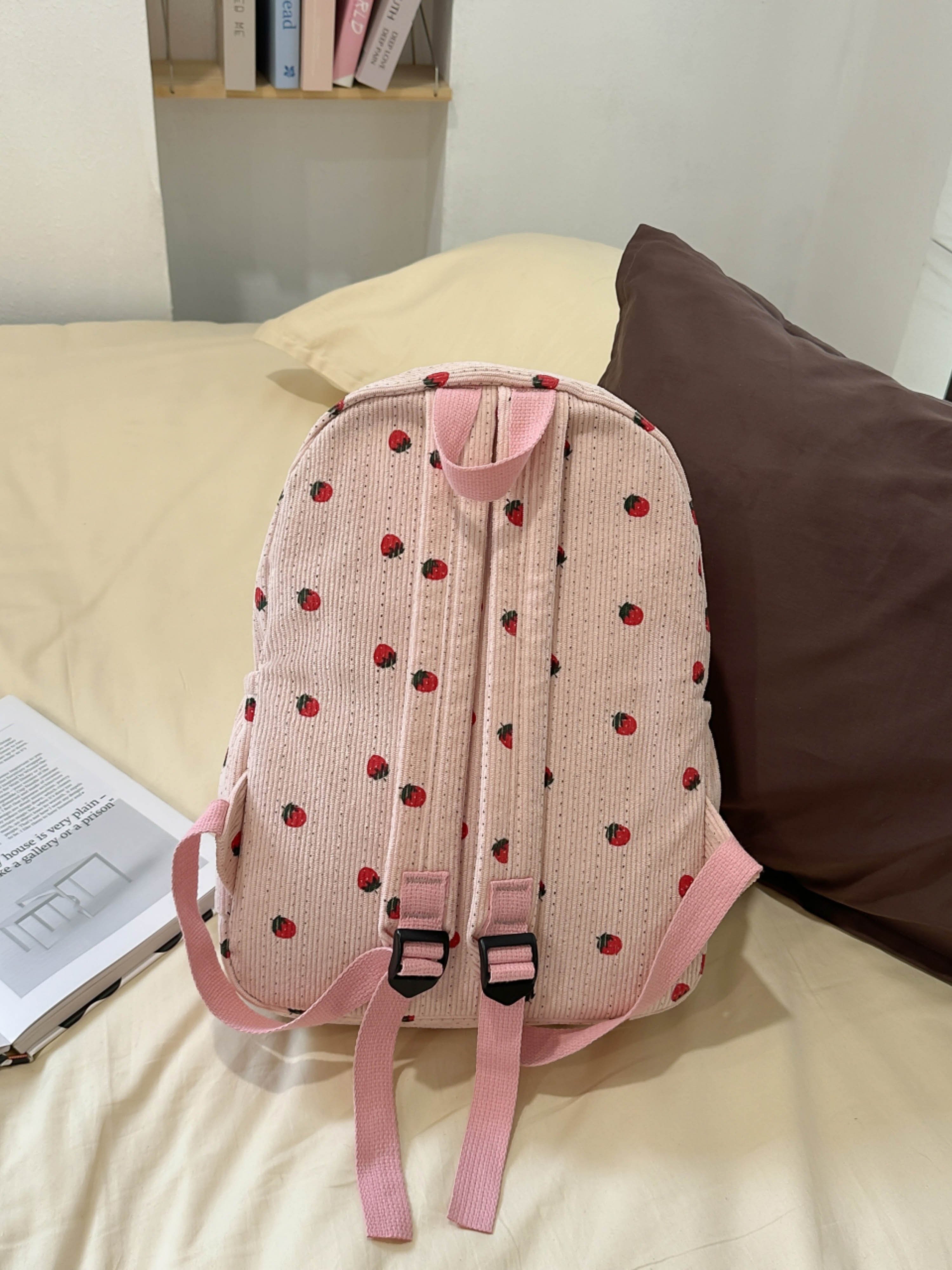 Light Pink Corduroy Strawberry Backpack