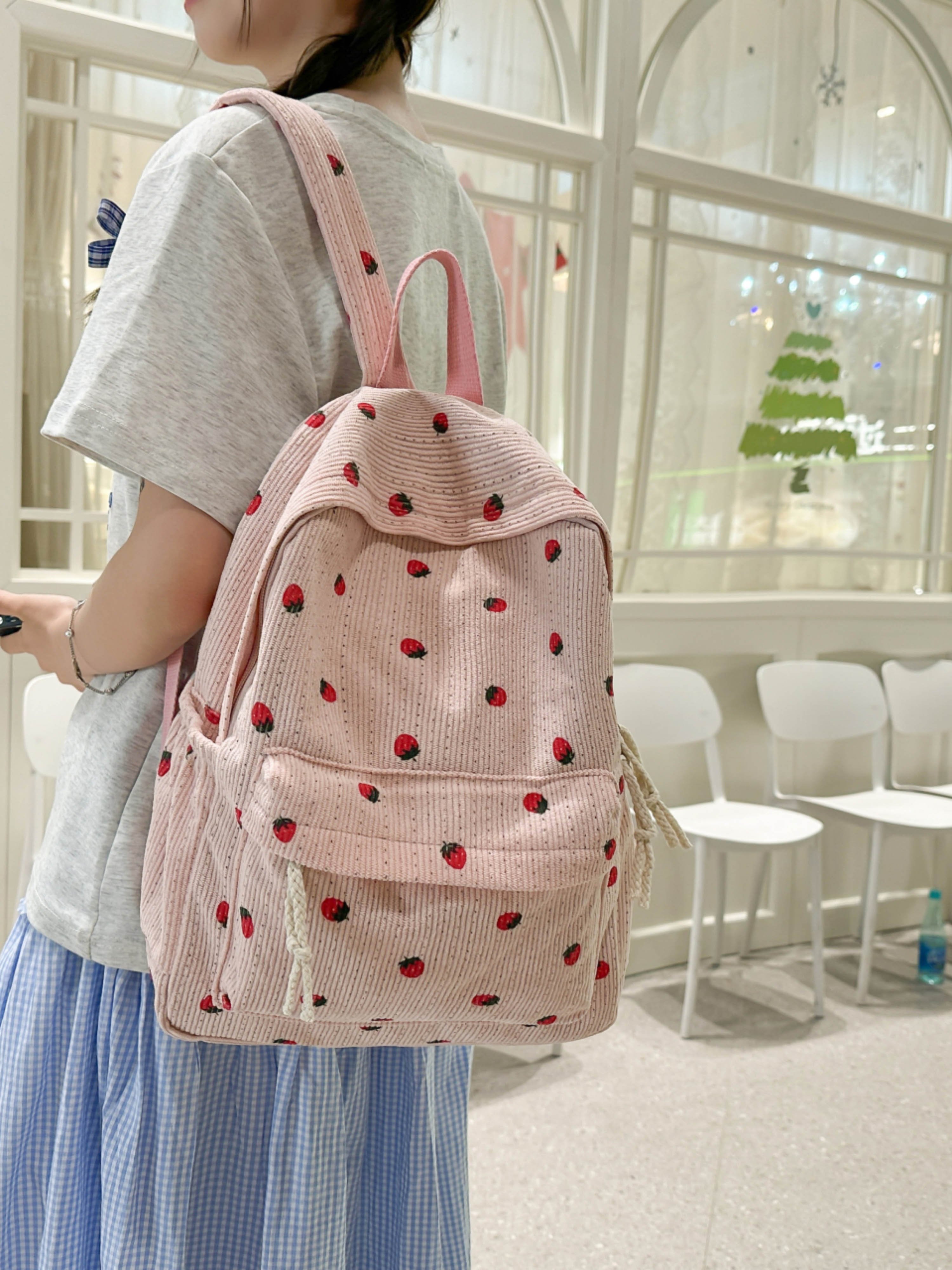 Light Pink Corduroy Strawberry Backpack