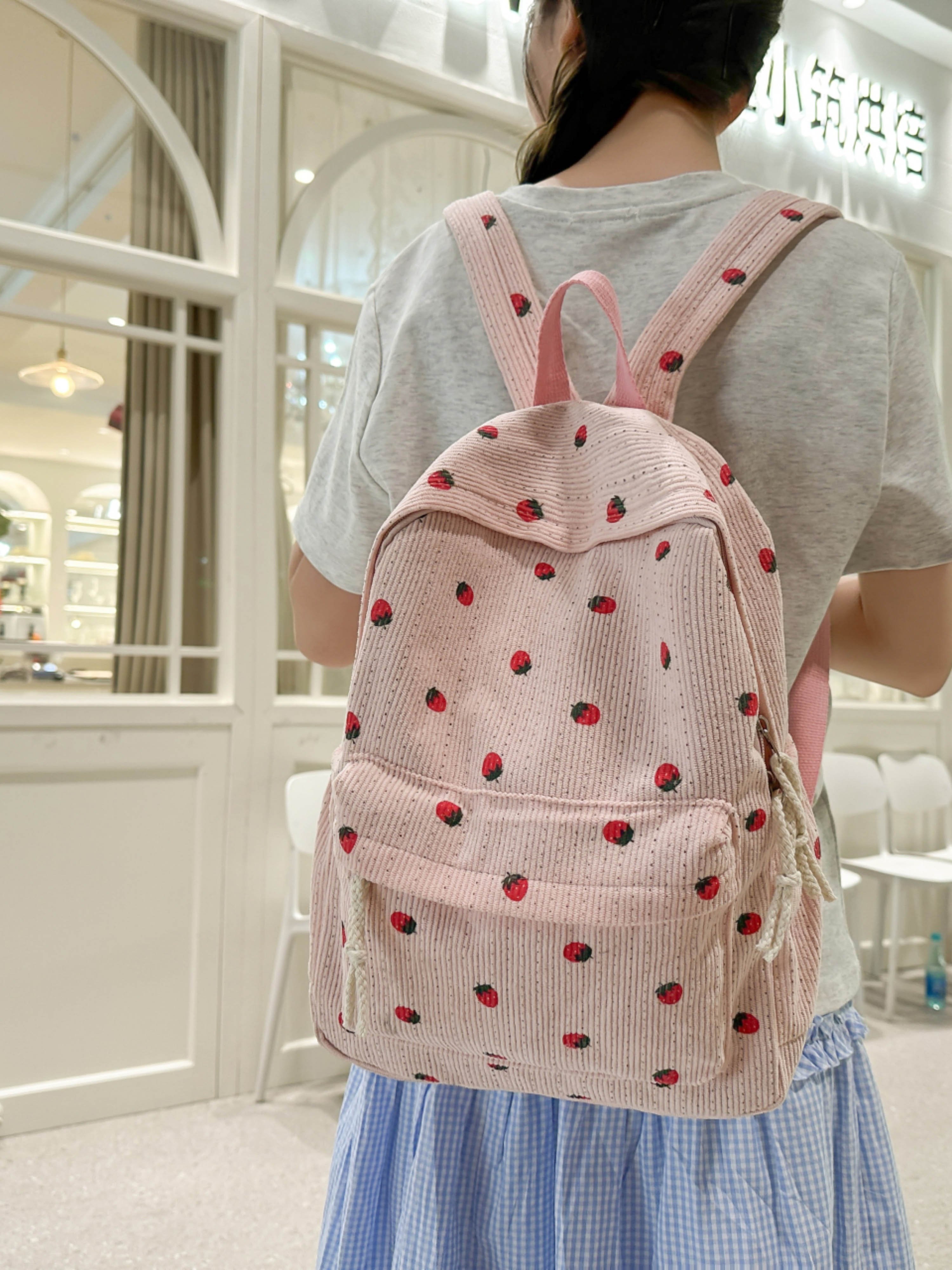 Light Pink Corduroy Strawberry Backpack