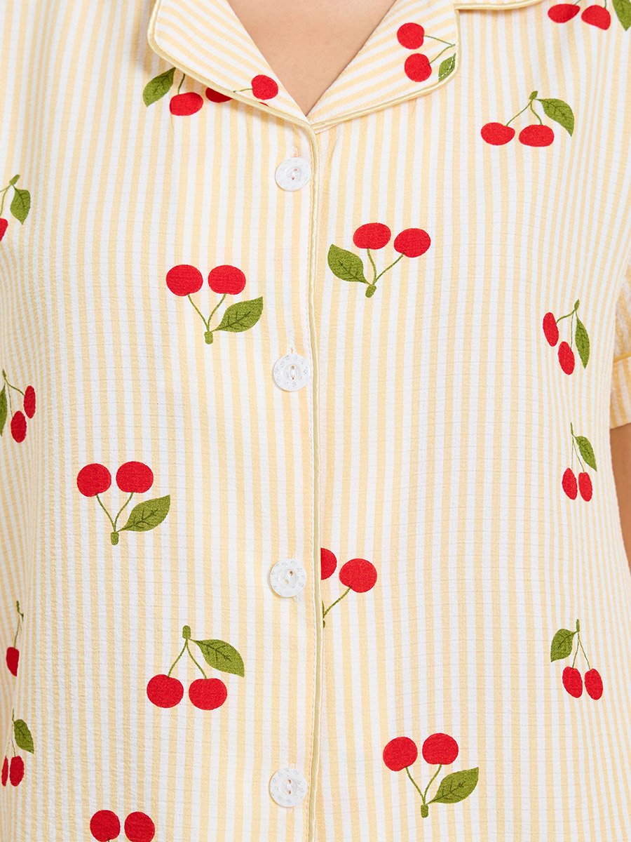 Cherry Print Striped Shirt and Pajama Set