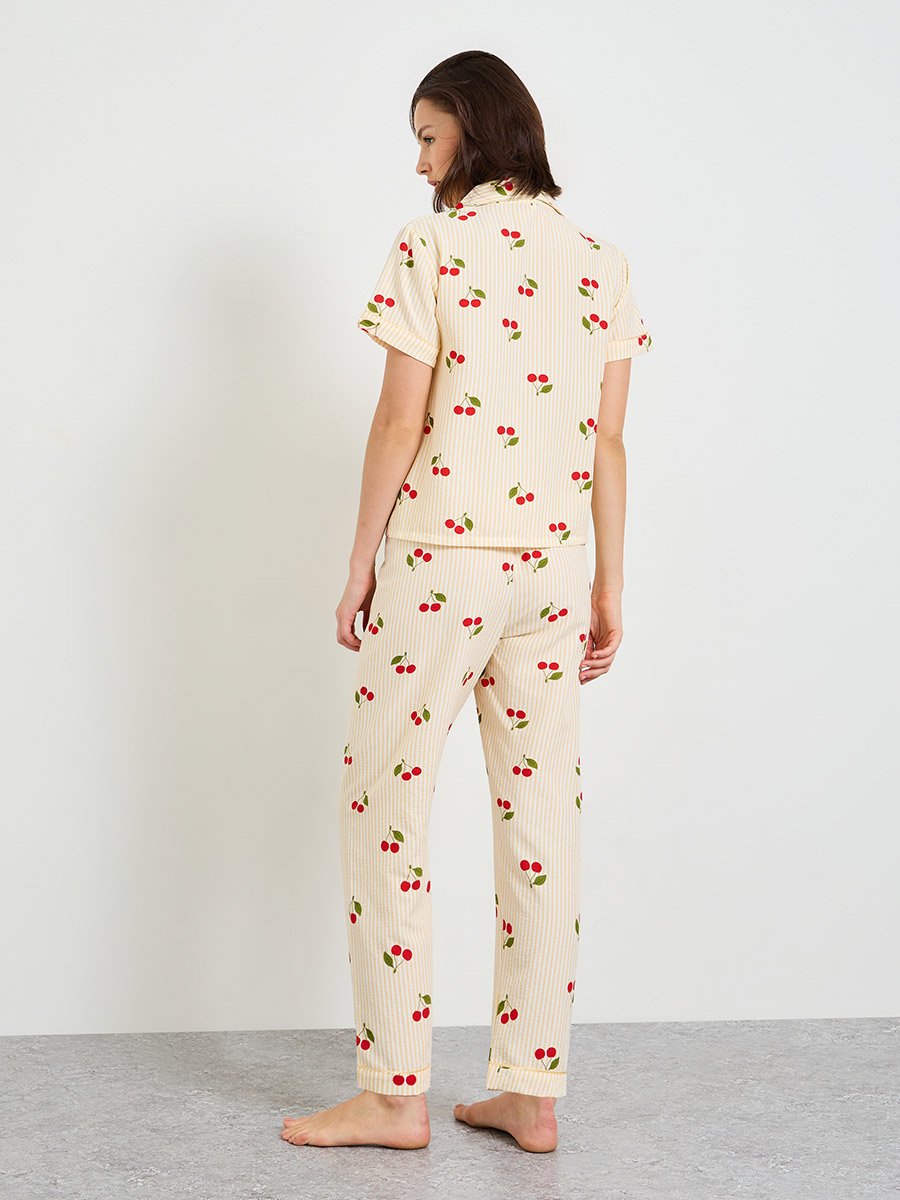 Cherry Print Striped Shirt and Pajama Set