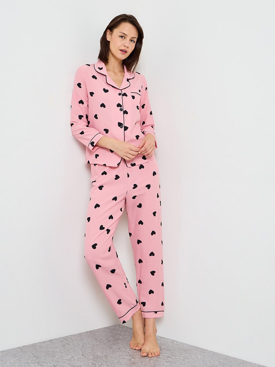Pink Heart Print Long Sleeve Pyjama Set