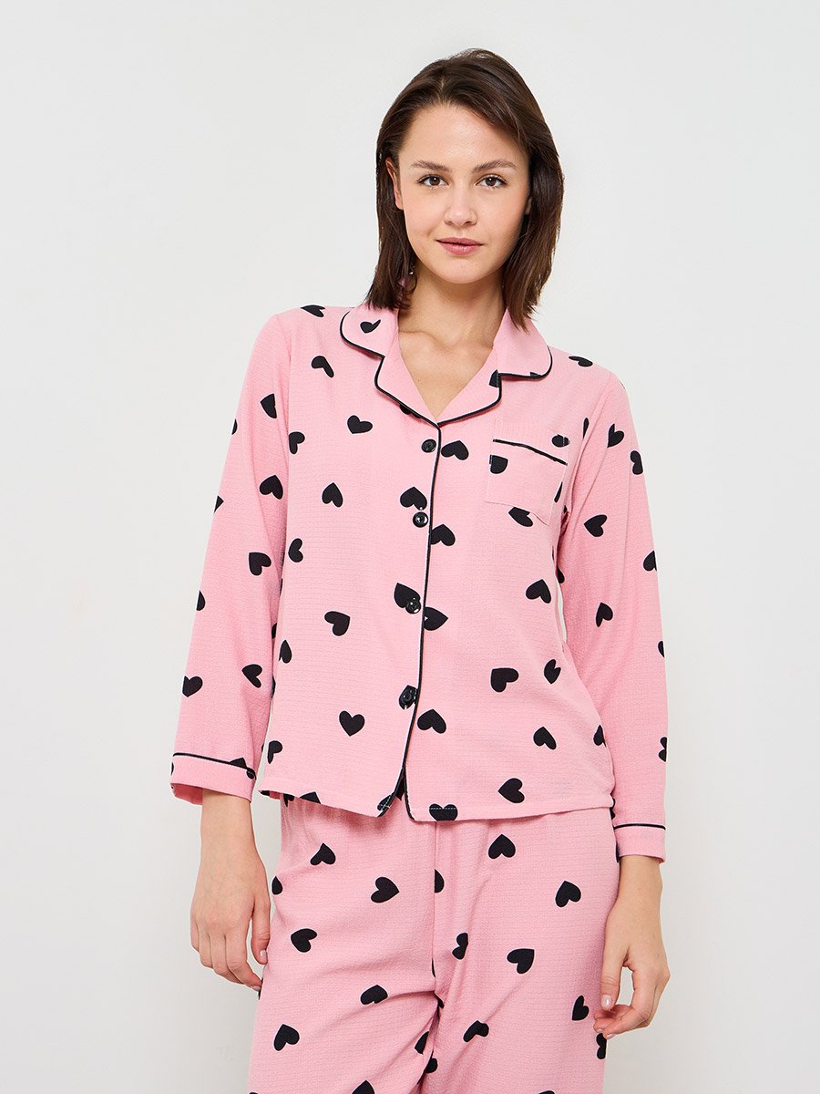 Pink Heart Print Long Sleeve Pyjama Set
