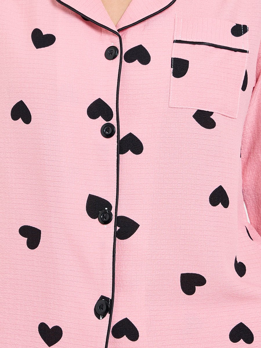 Pink Heart Print Long Sleeve Pyjama Set