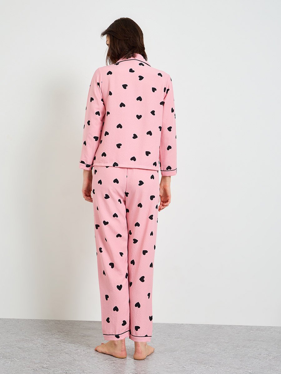 Pink Heart Print Long Sleeve Pyjama Set