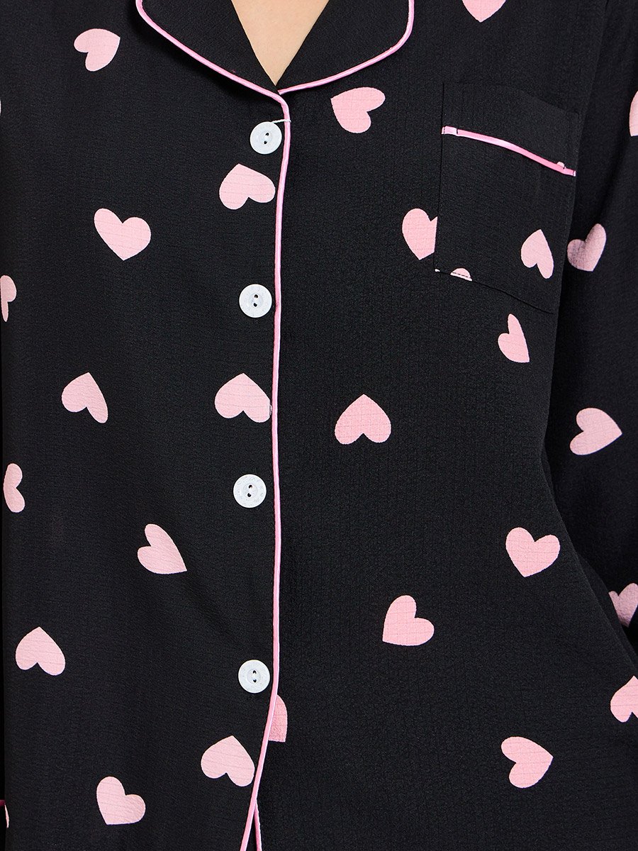 Black Heart Print Long Sleeve Shirt and Pajama Set