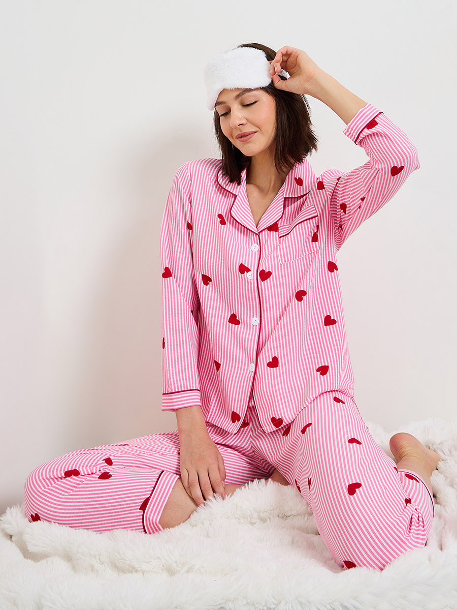 Pink Striped Heart Print Long Sleeve Pajama Set