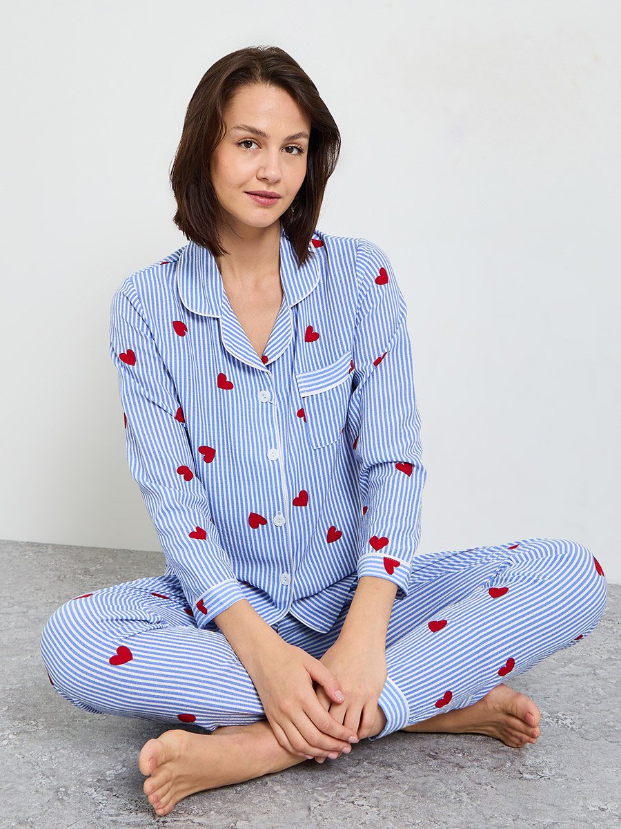 Blue Striped Heart Print Long Sleeve Pajama Set