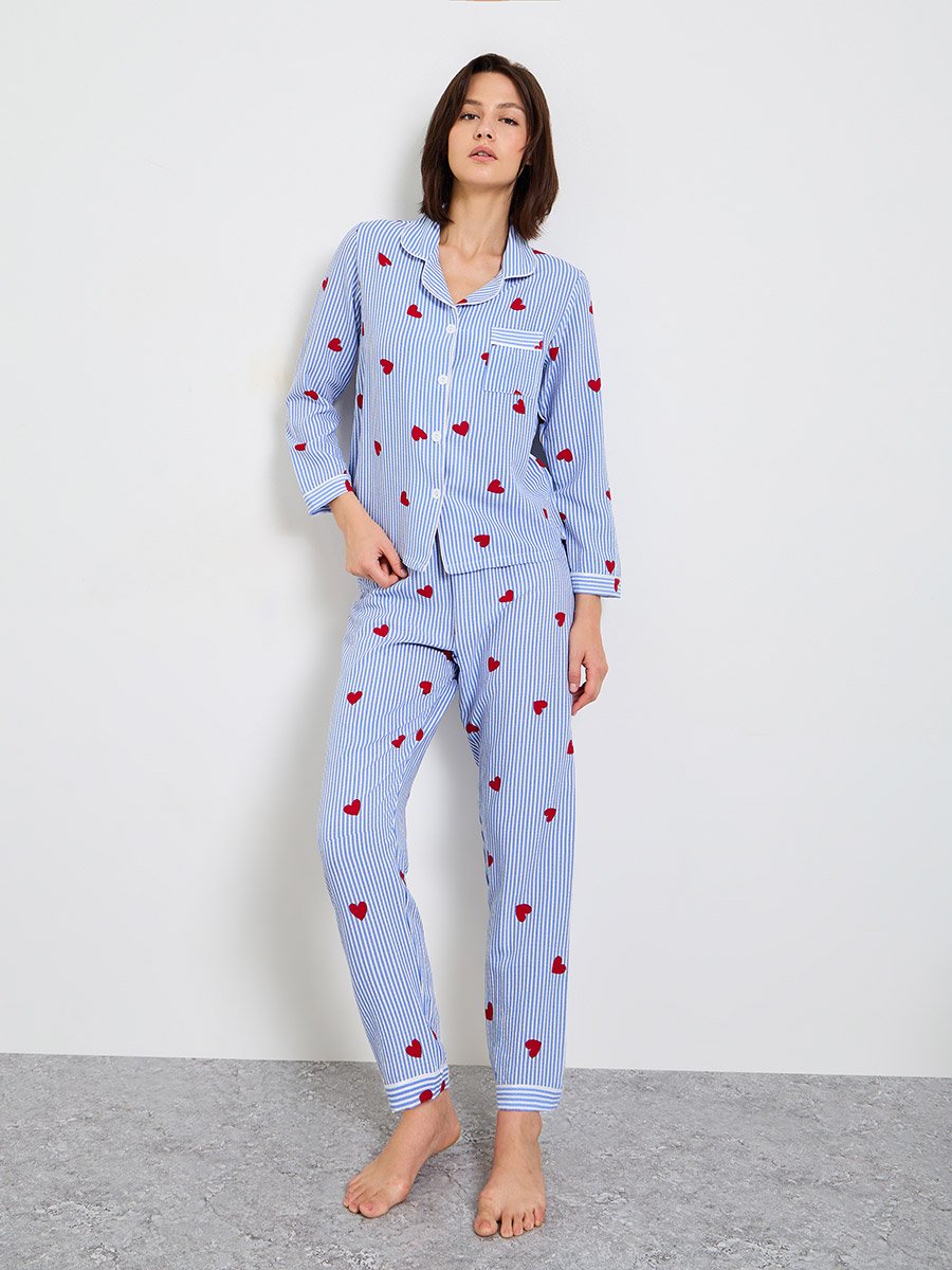 Blue Striped Heart Print Long Sleeve Pajama Set