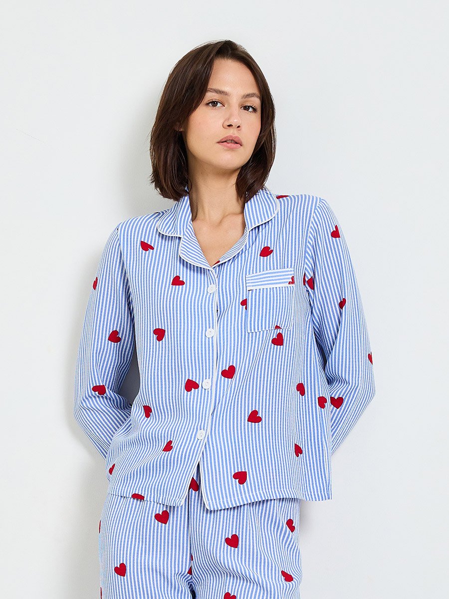 Blue Striped Heart Print Long Sleeve Pajama Set