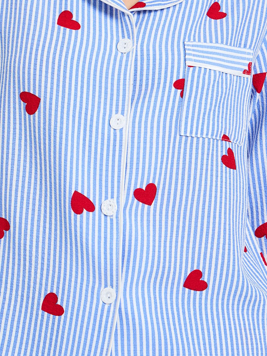 Blue Striped Heart Print Long Sleeve Pajama Set