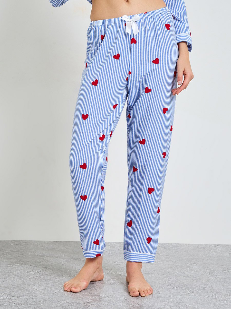 Blue Striped Heart Print Long Sleeve Pajama Set