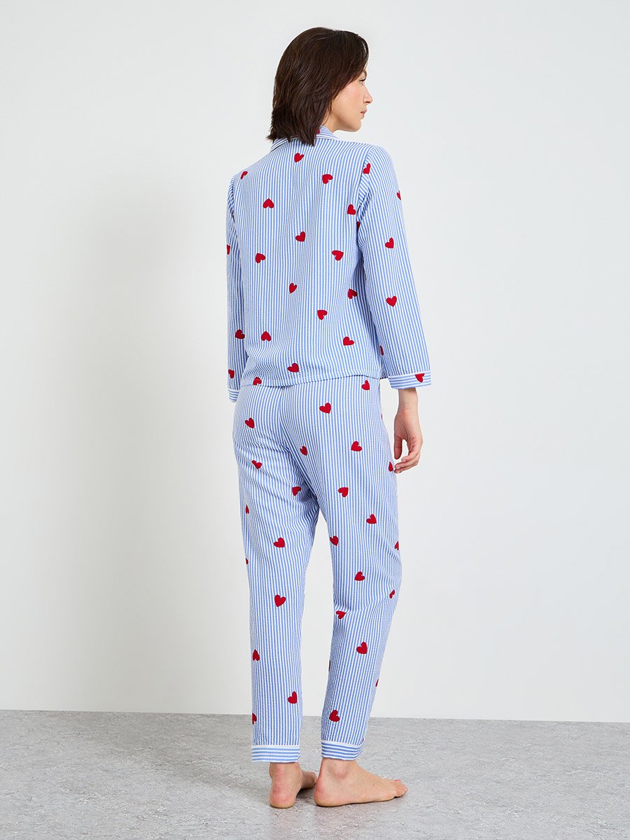 Blue Striped Heart Print Long Sleeve Pajama Set