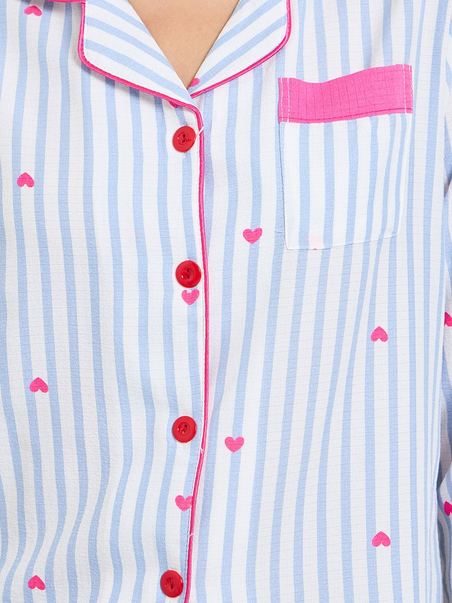 Striped and Heart Print Collared Pajama Set