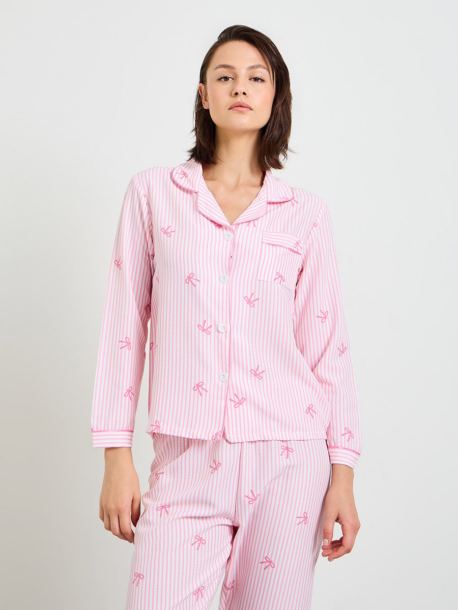 Pink Striped Bow Print Pajama Set with Long Sleeve and Straight Leg