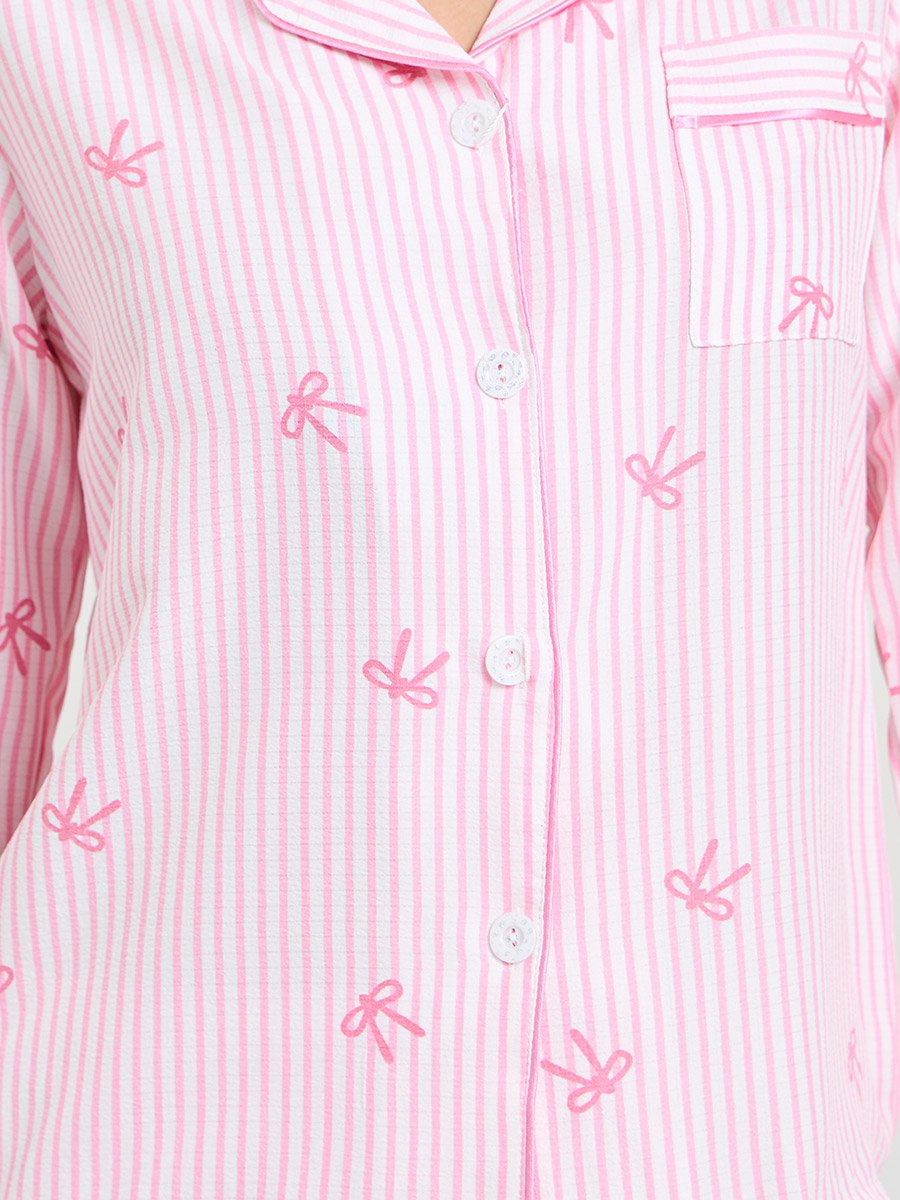 Pink Striped Bow Print Pajama Set with Long Sleeve and Straight Leg