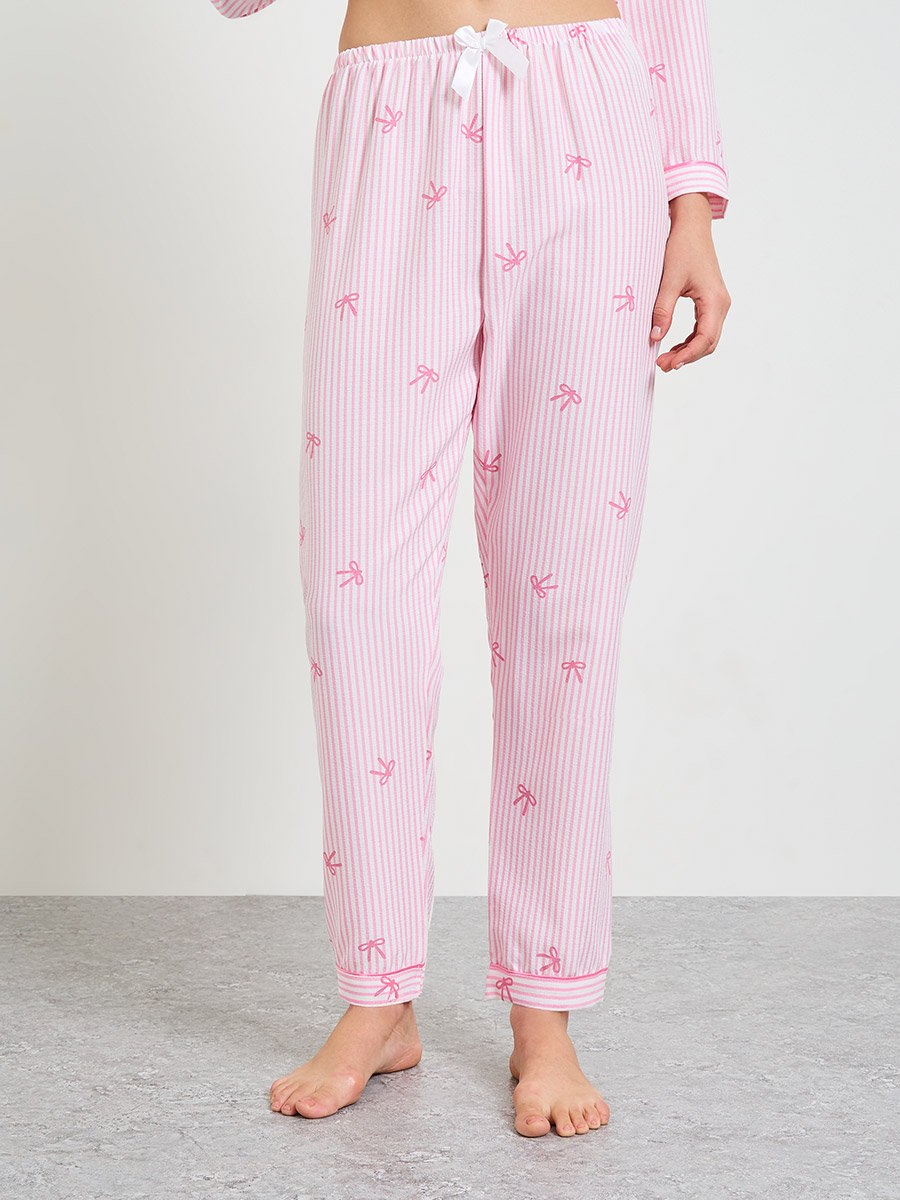 Pink Striped Bow Print Pajama Set with Long Sleeve and Straight Leg