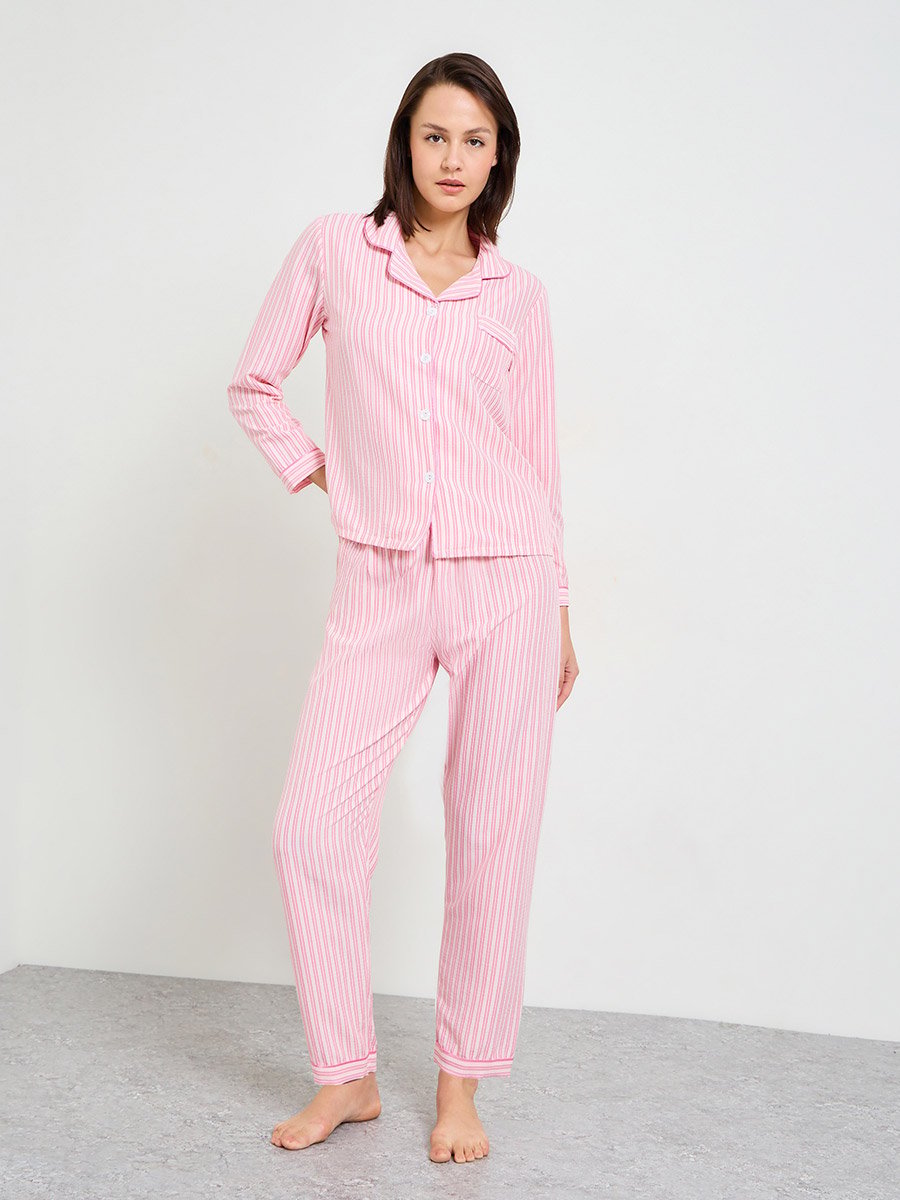 Pink Striped Polyester Pajama Set with Long Sleeves
