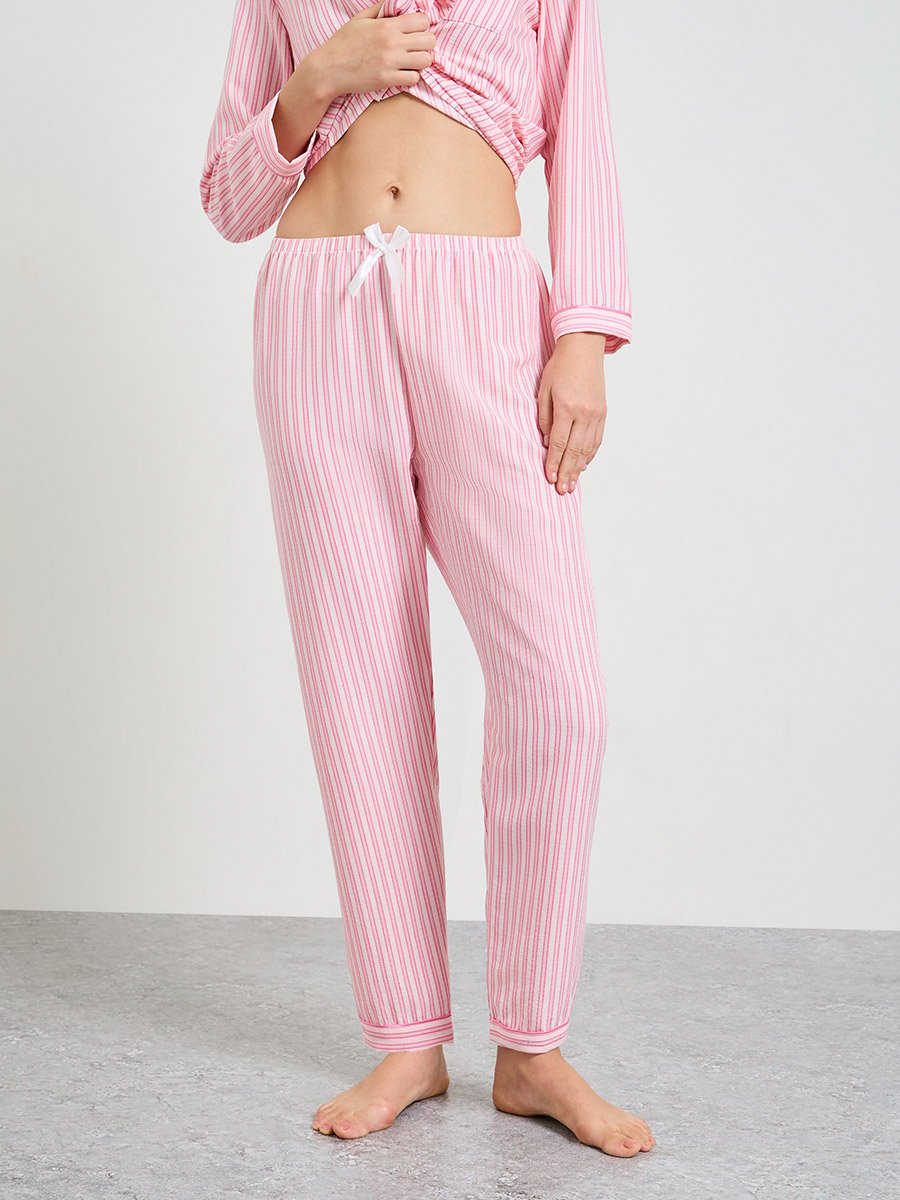 Pink Striped Polyester Pajama Set with Long Sleeves