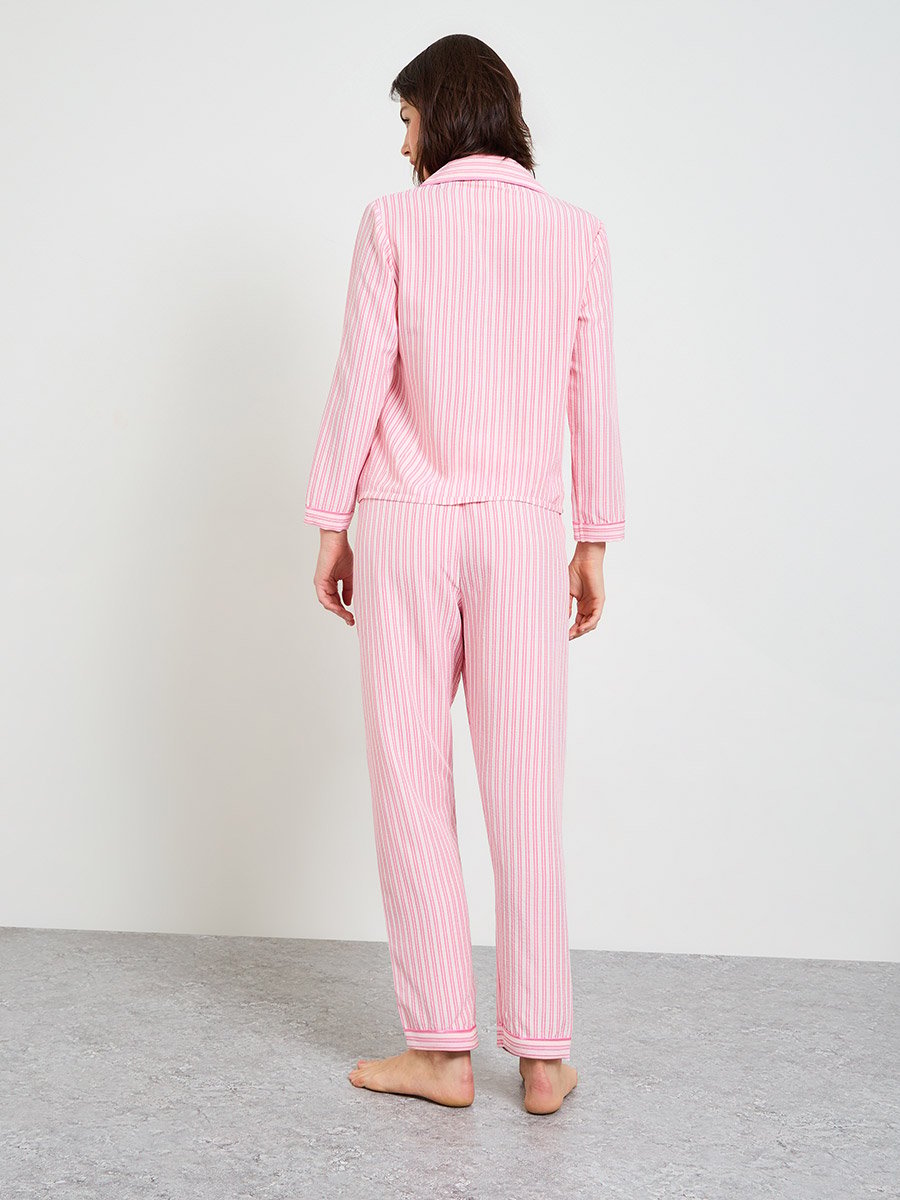 Pink Striped Polyester Pajama Set with Long Sleeves