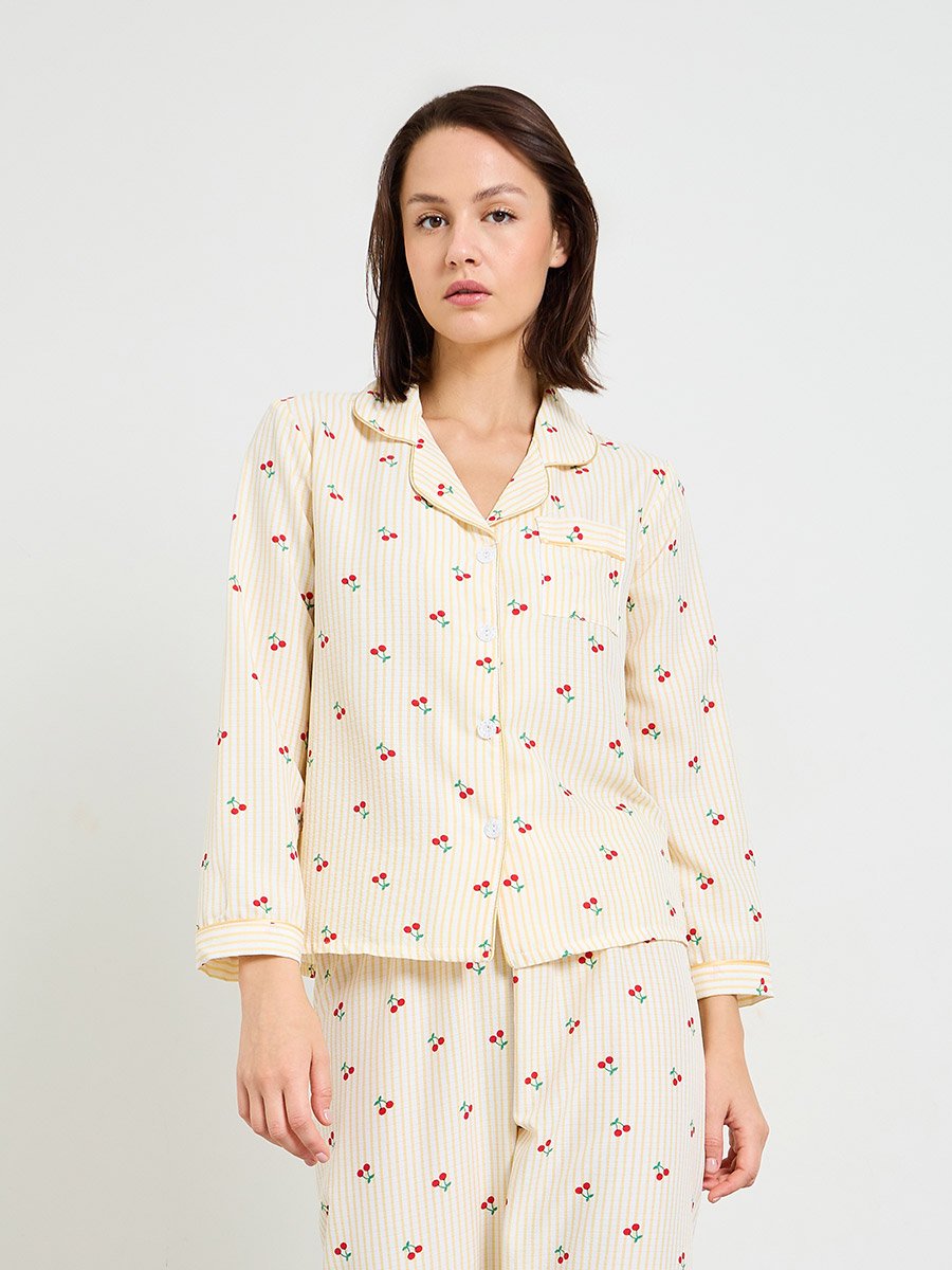 Striped Cherry Print Long Sleeve Pajama Set