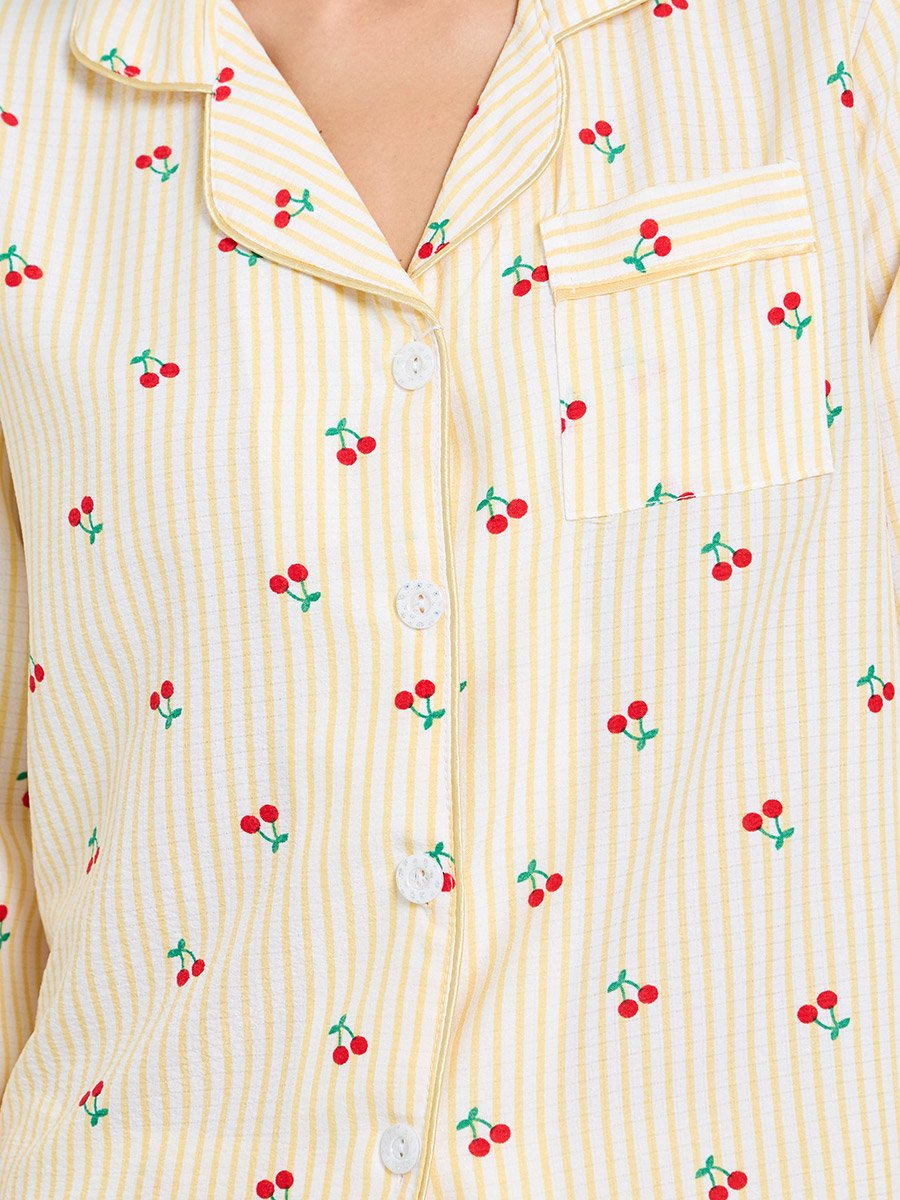 Striped Cherry Print Long Sleeve Pajama Set