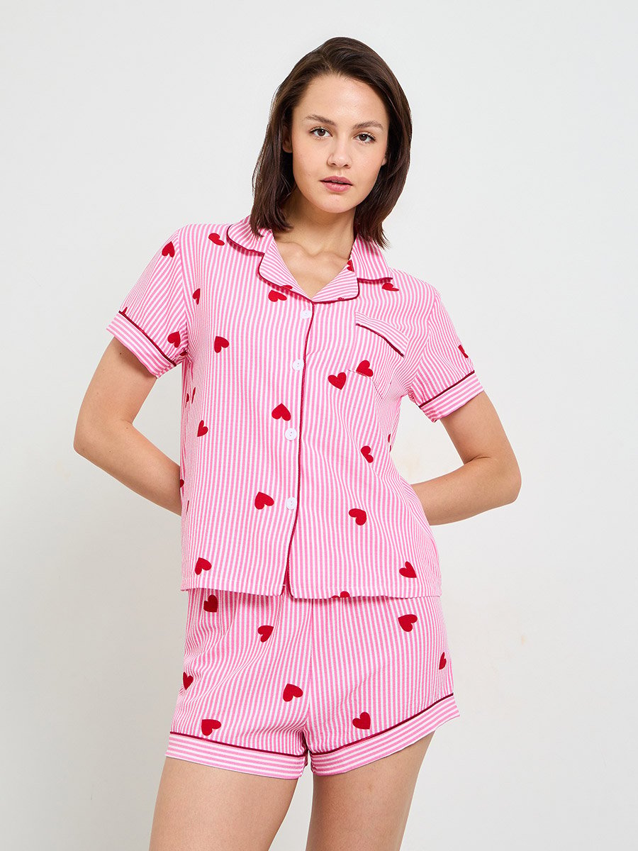 Striped Heart Print Short Sleeve Pajama Set