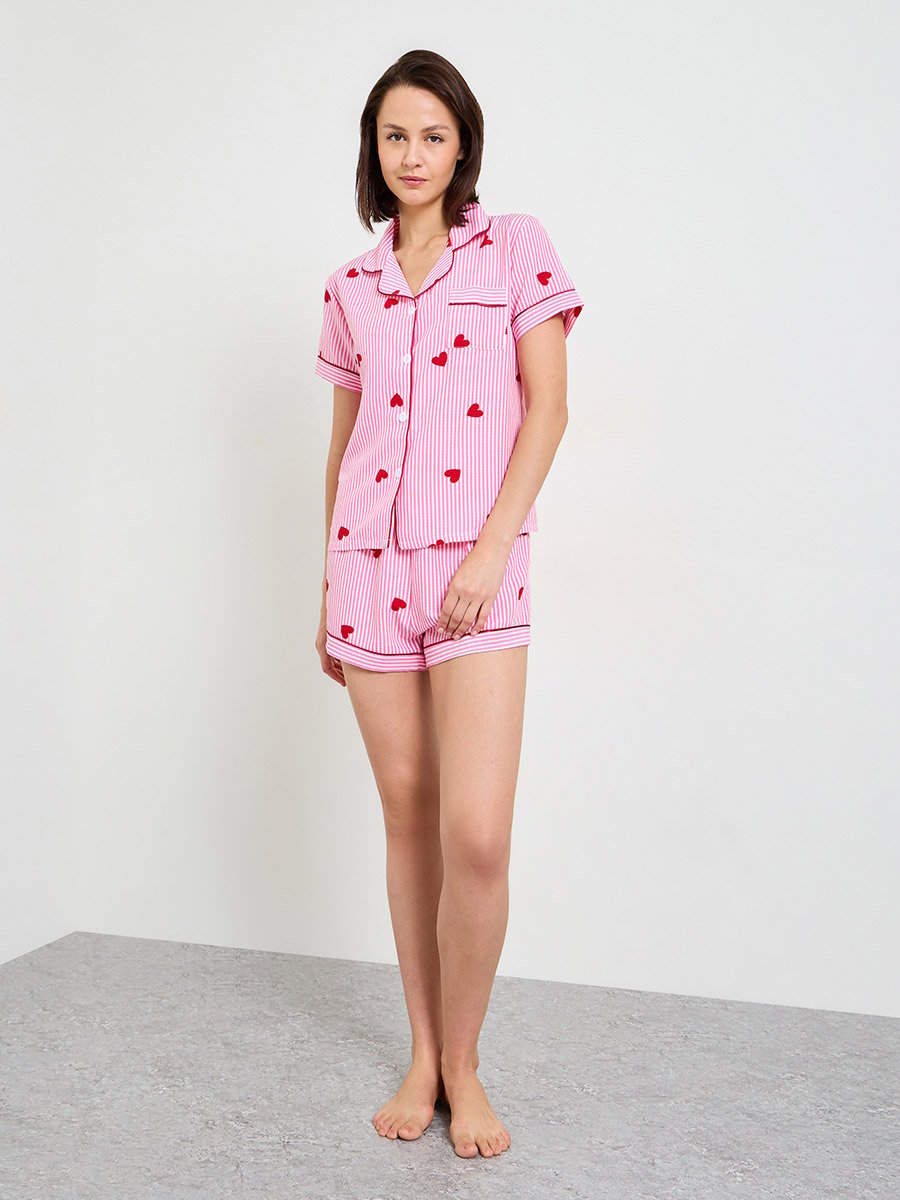 Striped Heart Print Short Sleeve Pajama Set