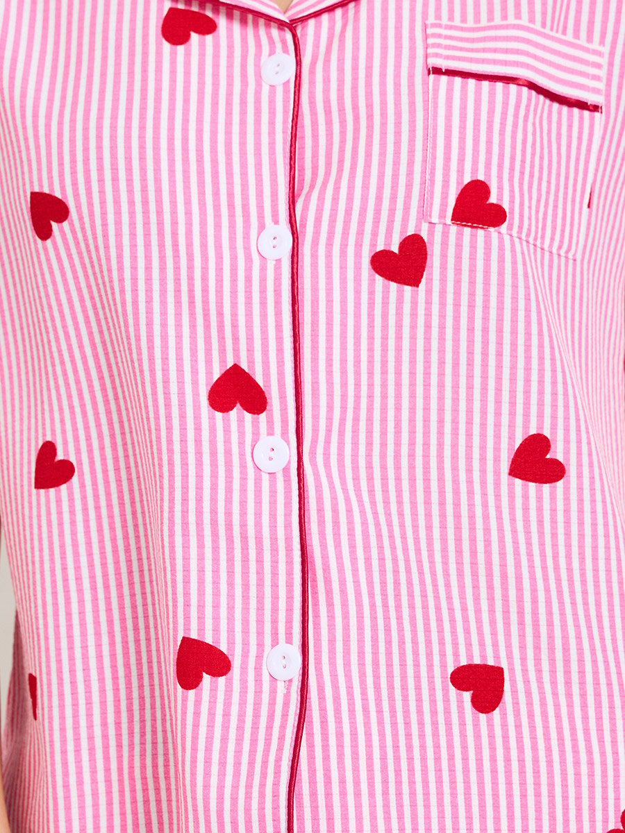 Striped Heart Print Short Sleeve Pajama Set