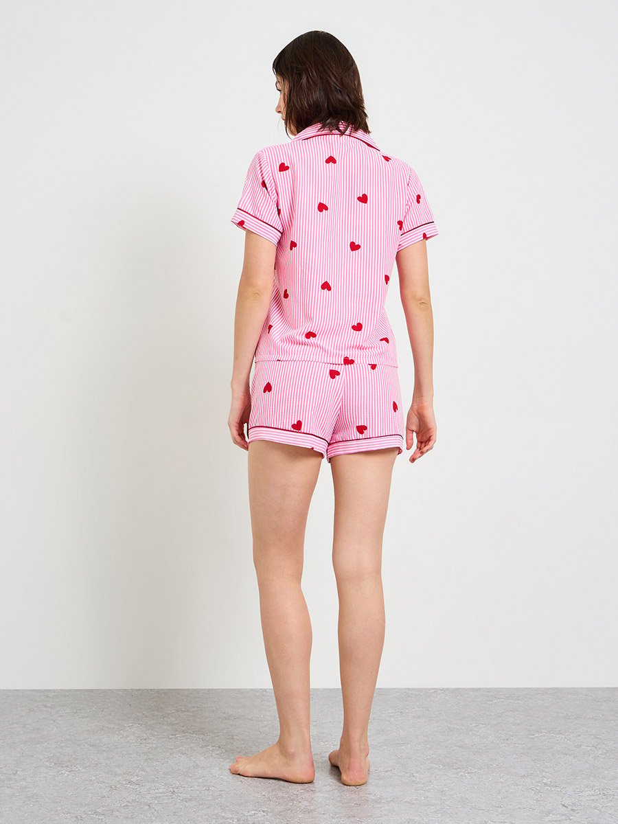 Striped Heart Print Short Sleeve Pajama Set