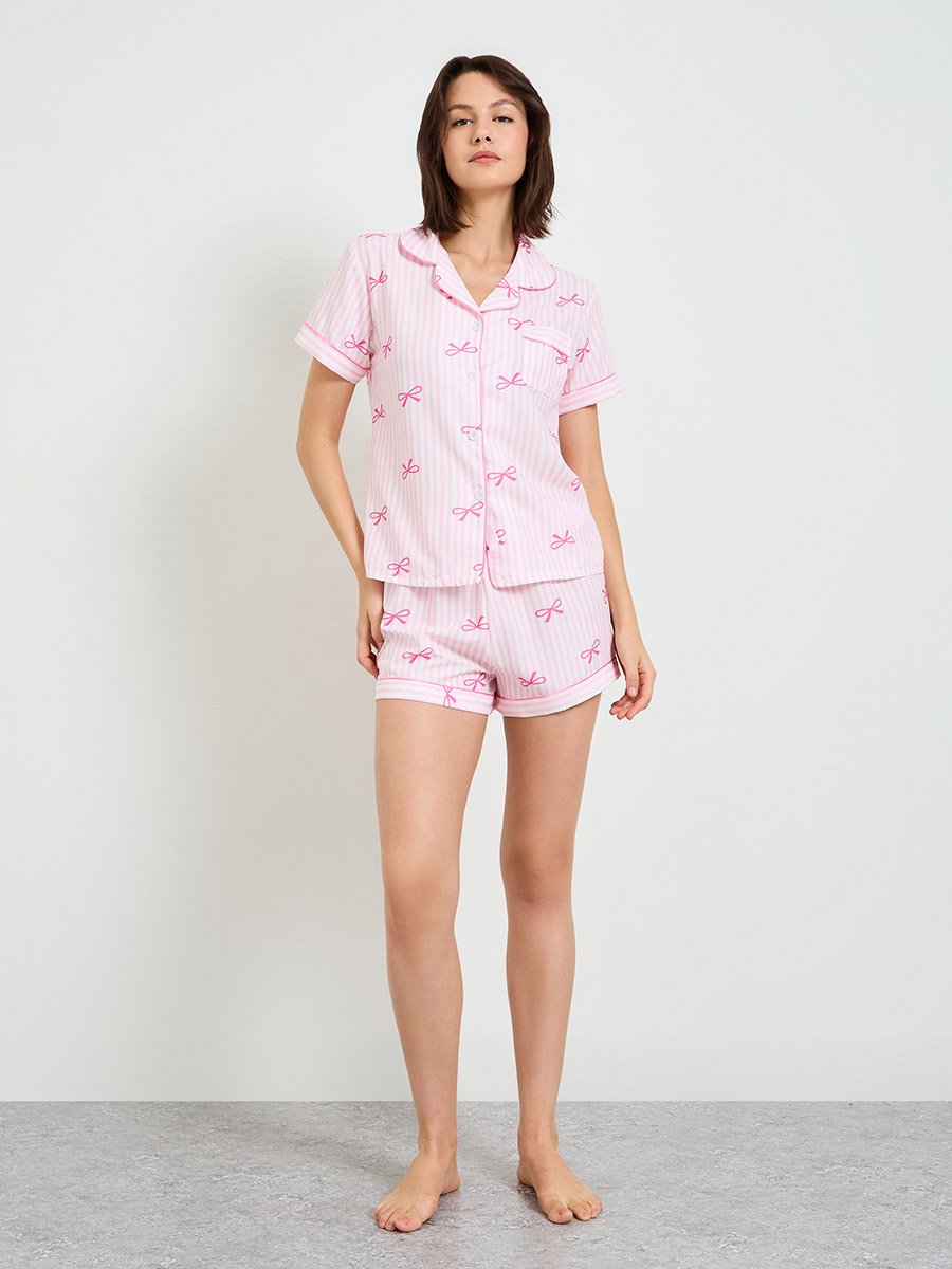 Pink Striped Short Sleeve Pajama Set with Bow Print