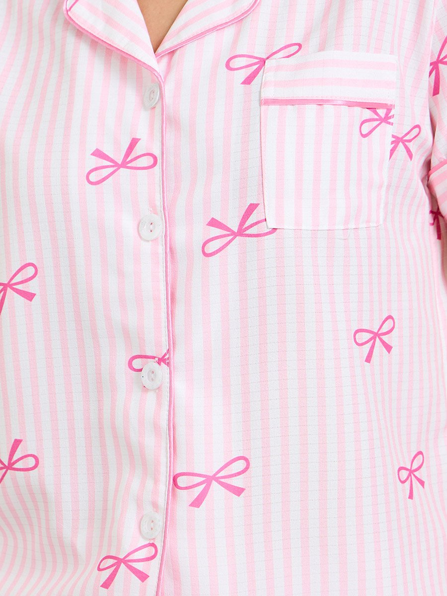Pink Striped Short Sleeve Pajama Set with Bow Print