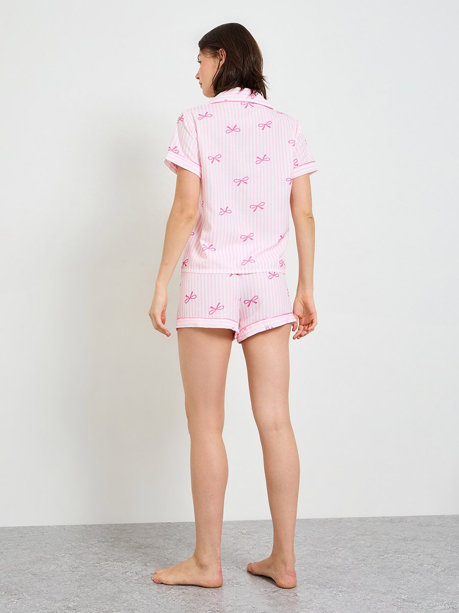 Pink Striped Short Sleeve Pajama Set with Bow Print