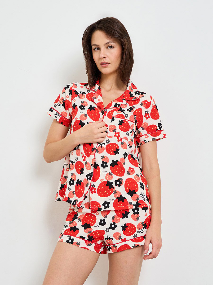 Fruit Print Collared Pajama Shorts Set