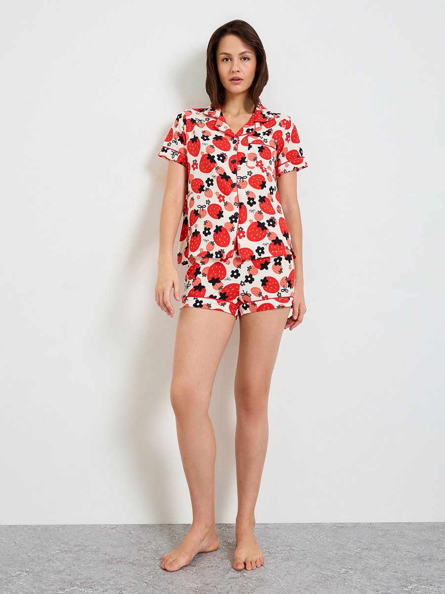 Fruit Print Collared Pajama Shorts Set
