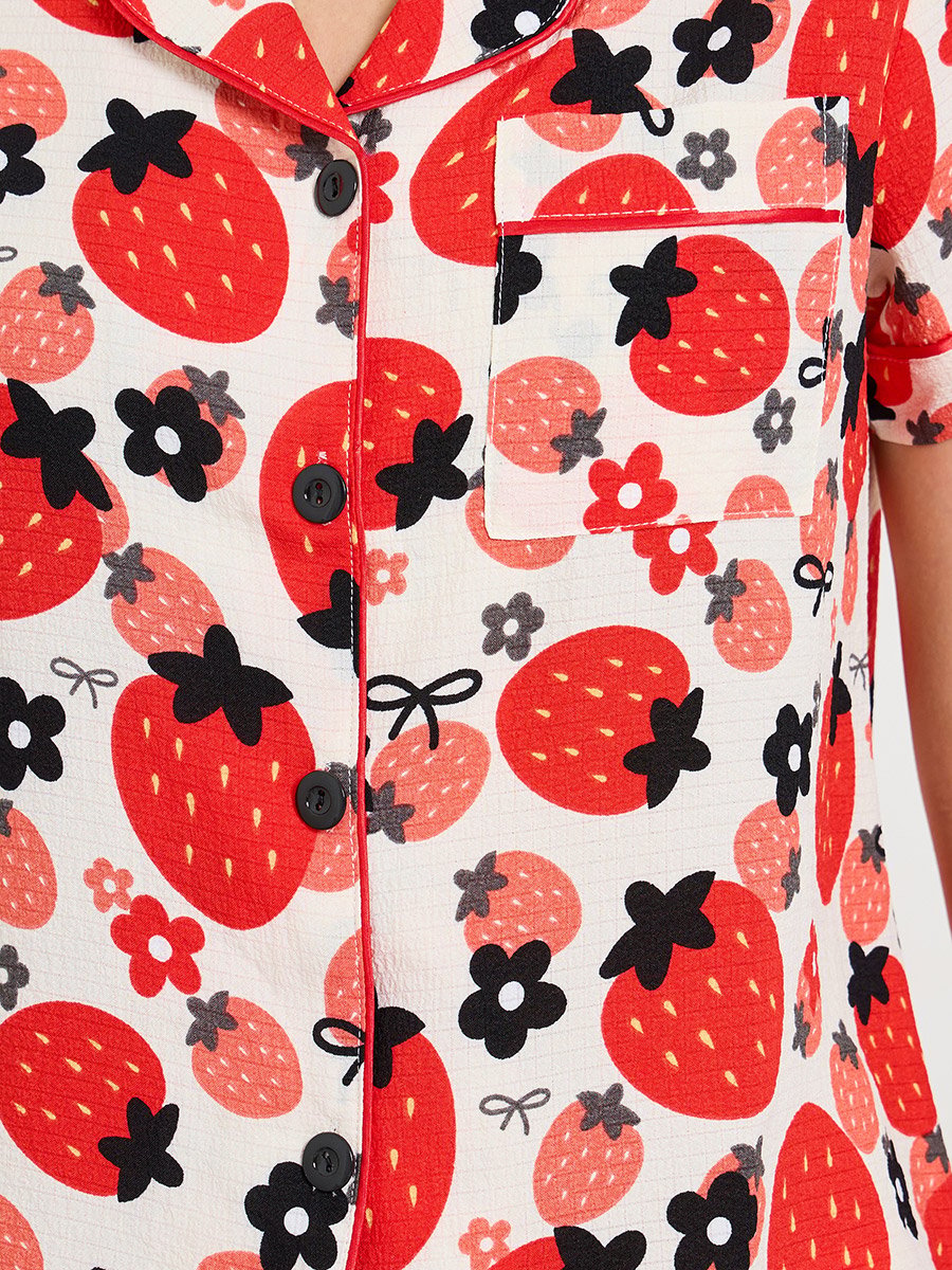 Fruit Print Collared Pajama Shorts Set