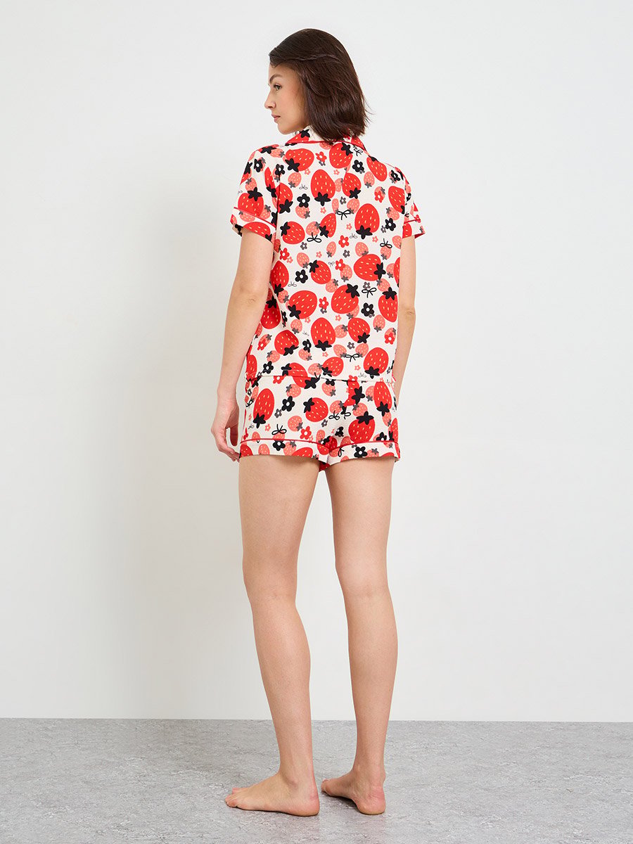 Fruit Print Collared Pajama Shorts Set