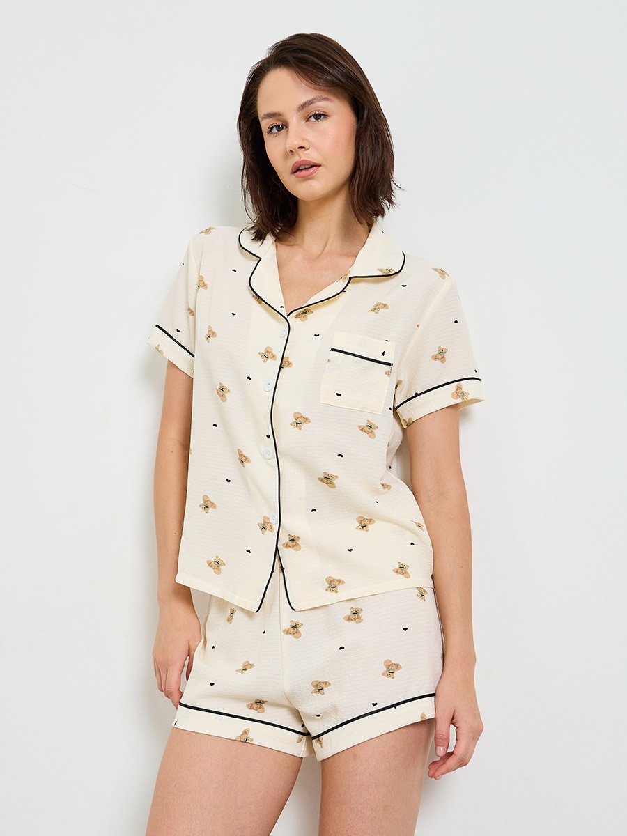 Beige Teddy Bear Print Short Pajama Set
