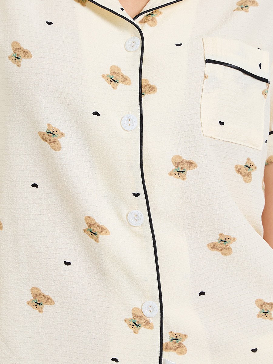 Beige Teddy Bear Print Short Pajama Set