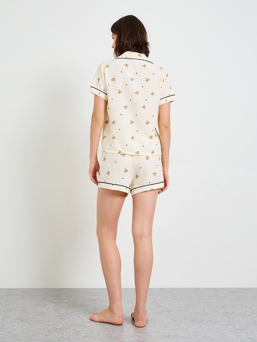 Beige Teddy Bear Print Short Pajama Set