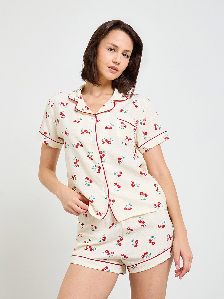Short Sleeve Cherry Print Pajama Set