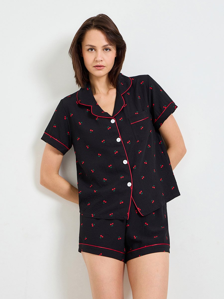 Black Cherry Print Shirt and Short Pajama Set 