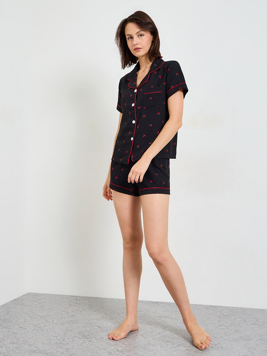Black Cherry Print Shirt and Short Pajama Set 