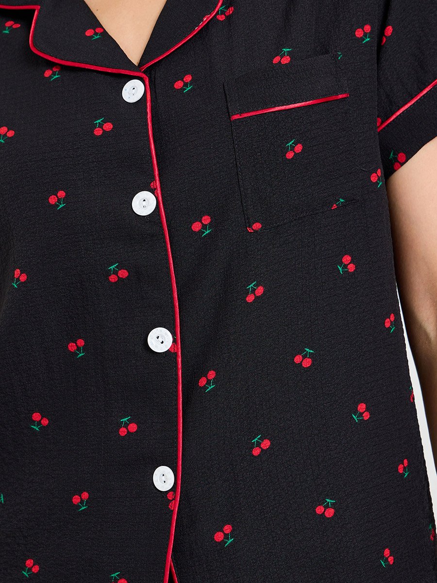 Black Cherry Print Shirt and Short Pajama Set 