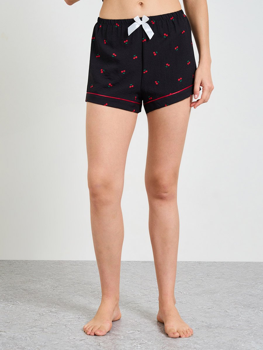 Black Cherry Print Shirt and Short Pajama Set 