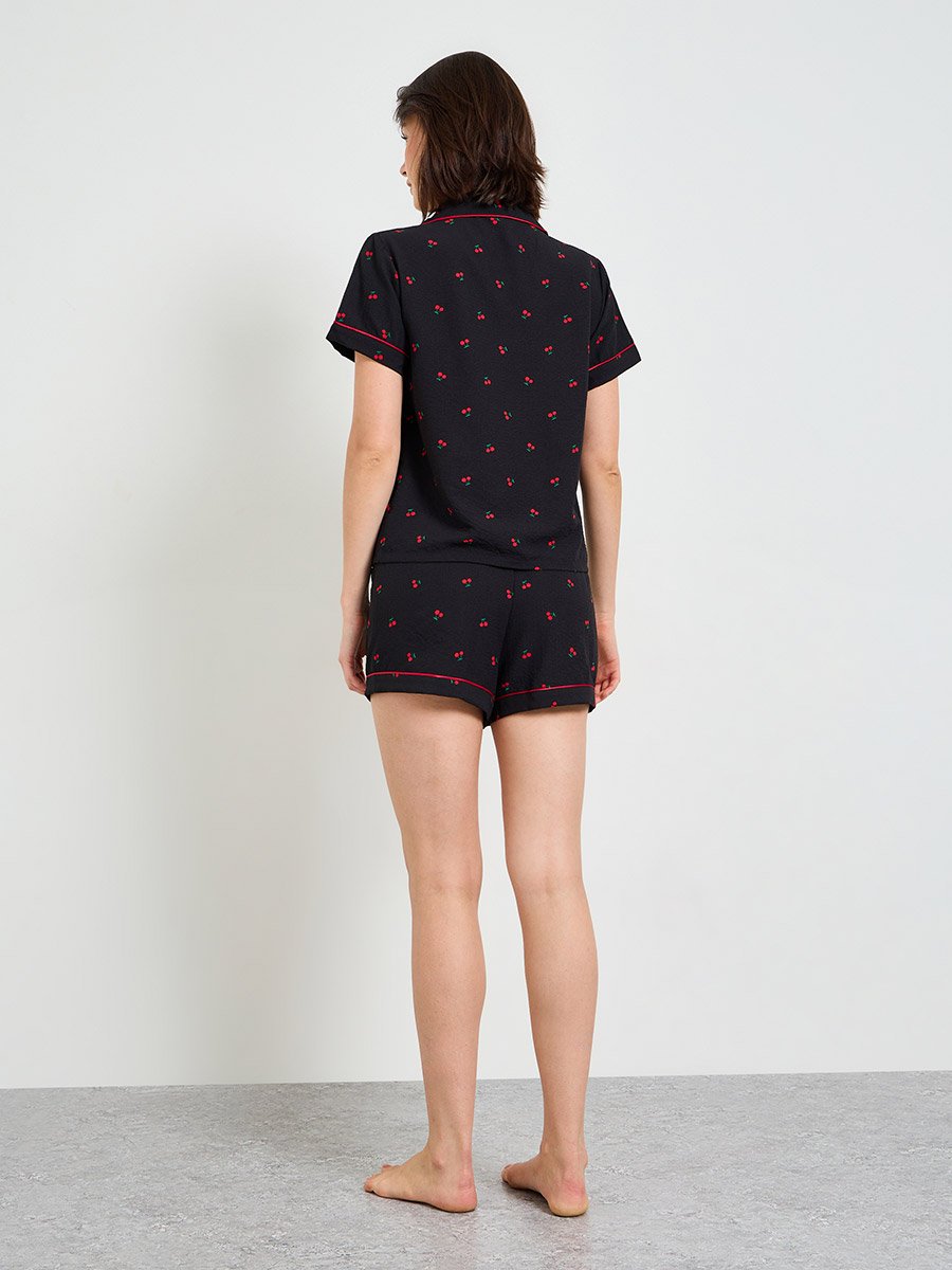 Black Cherry Print Shirt and Short Pajama Set 