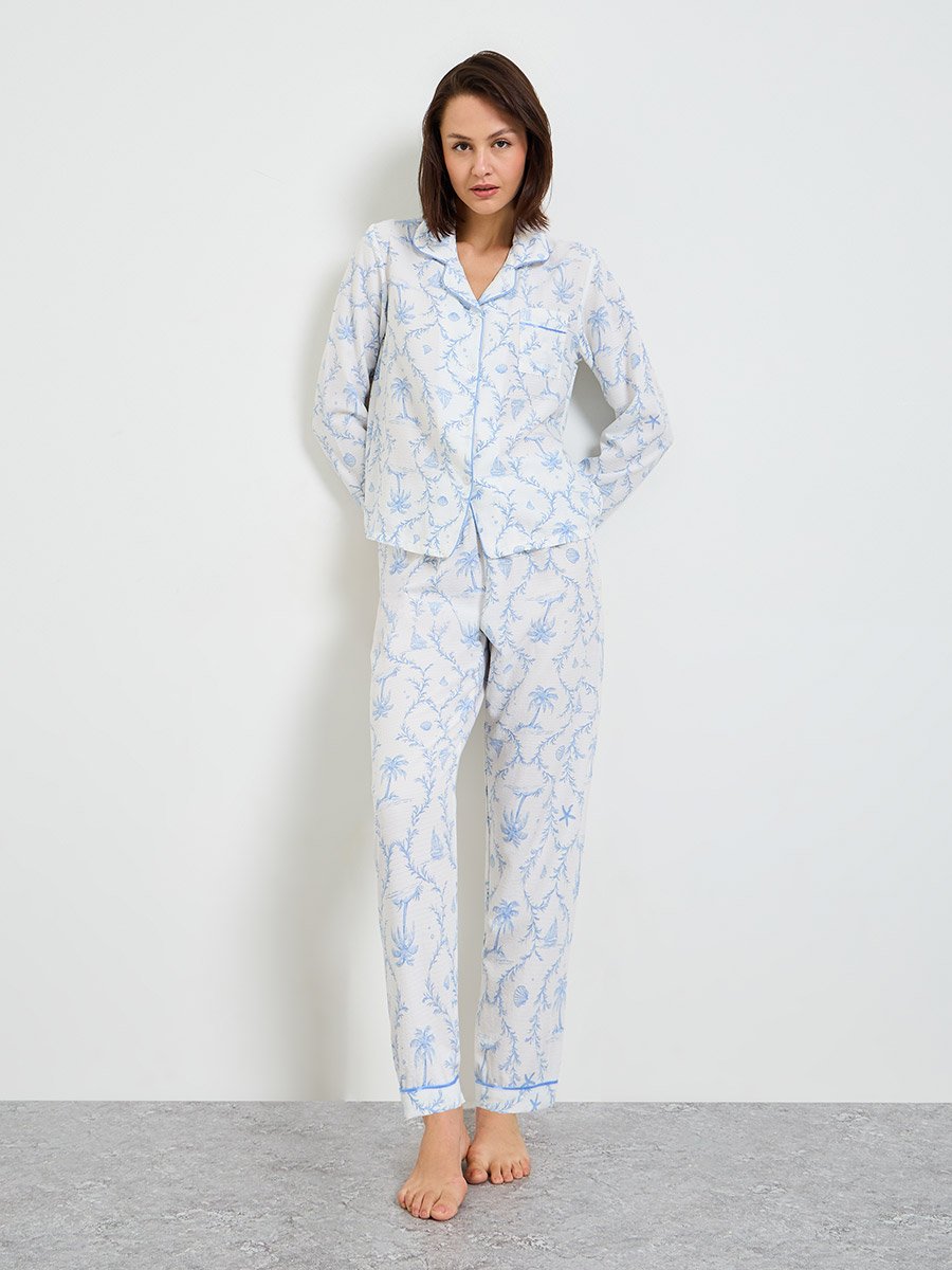 Collared Tropical Print Pajama Set with Long Sleeve