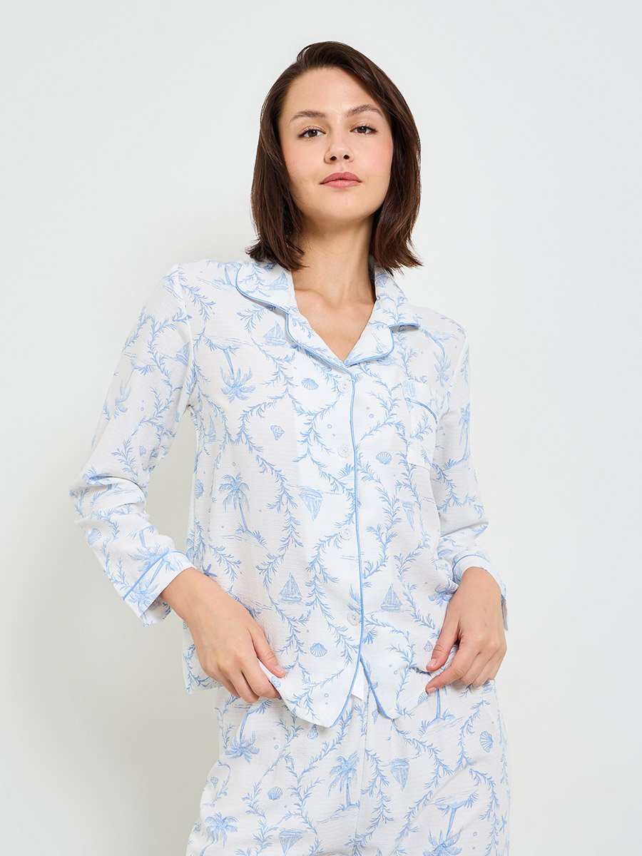 Collared Tropical Print Pajama Set with Long Sleeve