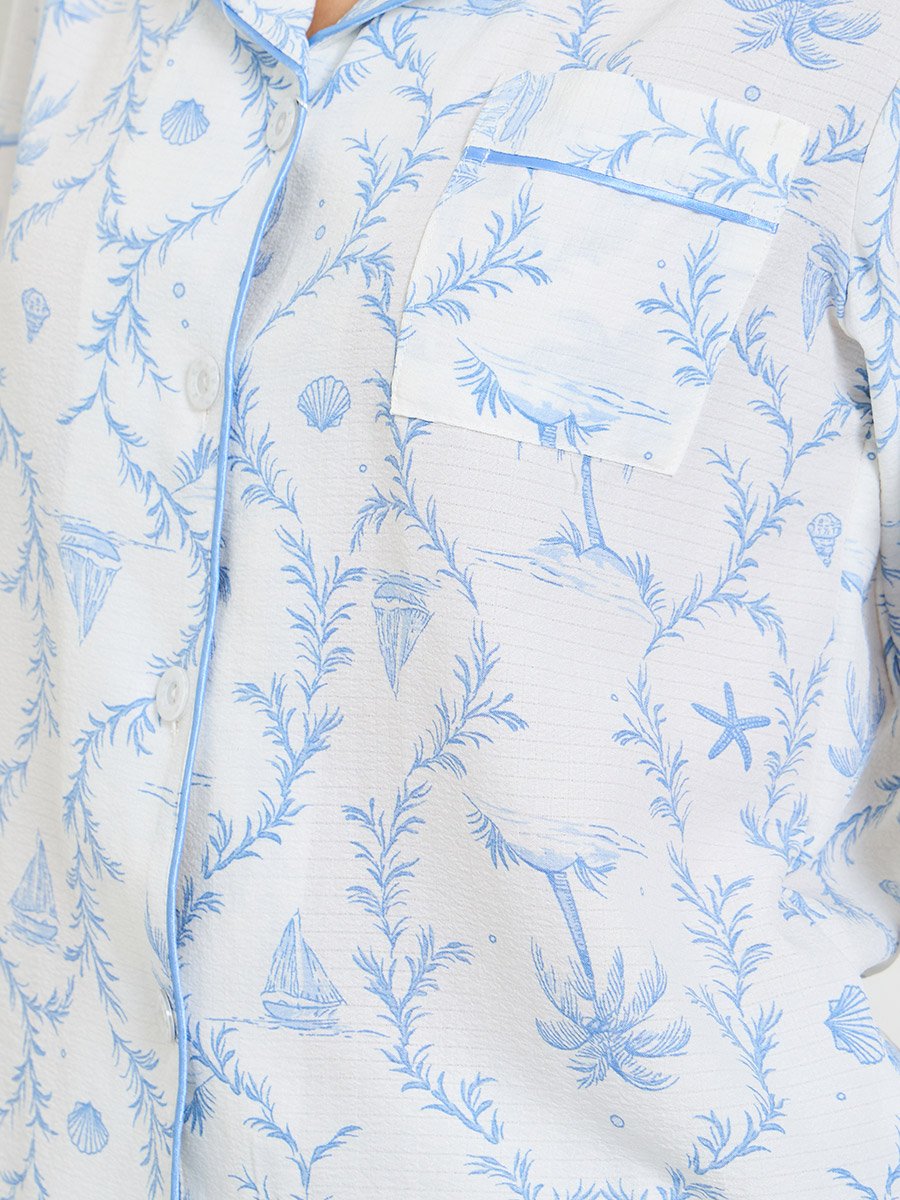 Collared Tropical Print Pajama Set with Long Sleeve